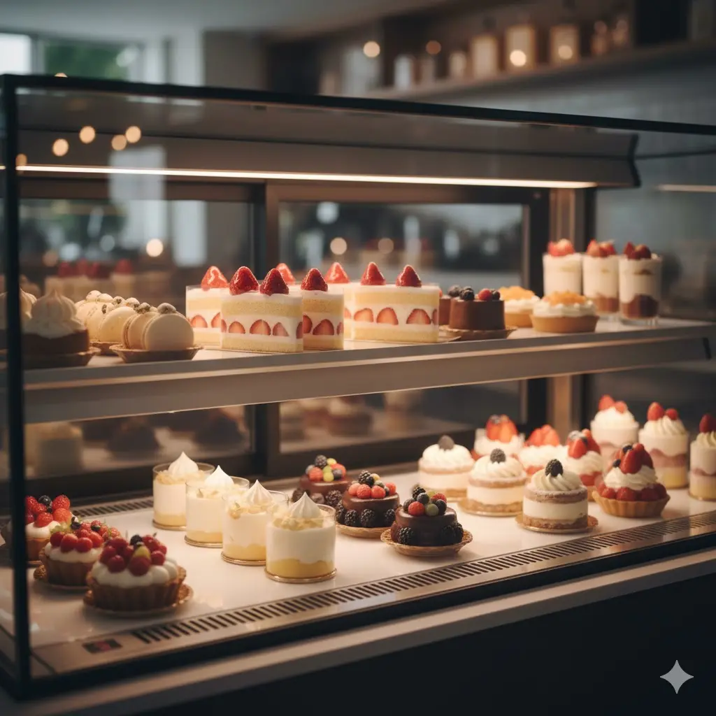 디저트를 돋보이게 하는 화사한 조명의 유리 쇼케이스 진열 모습