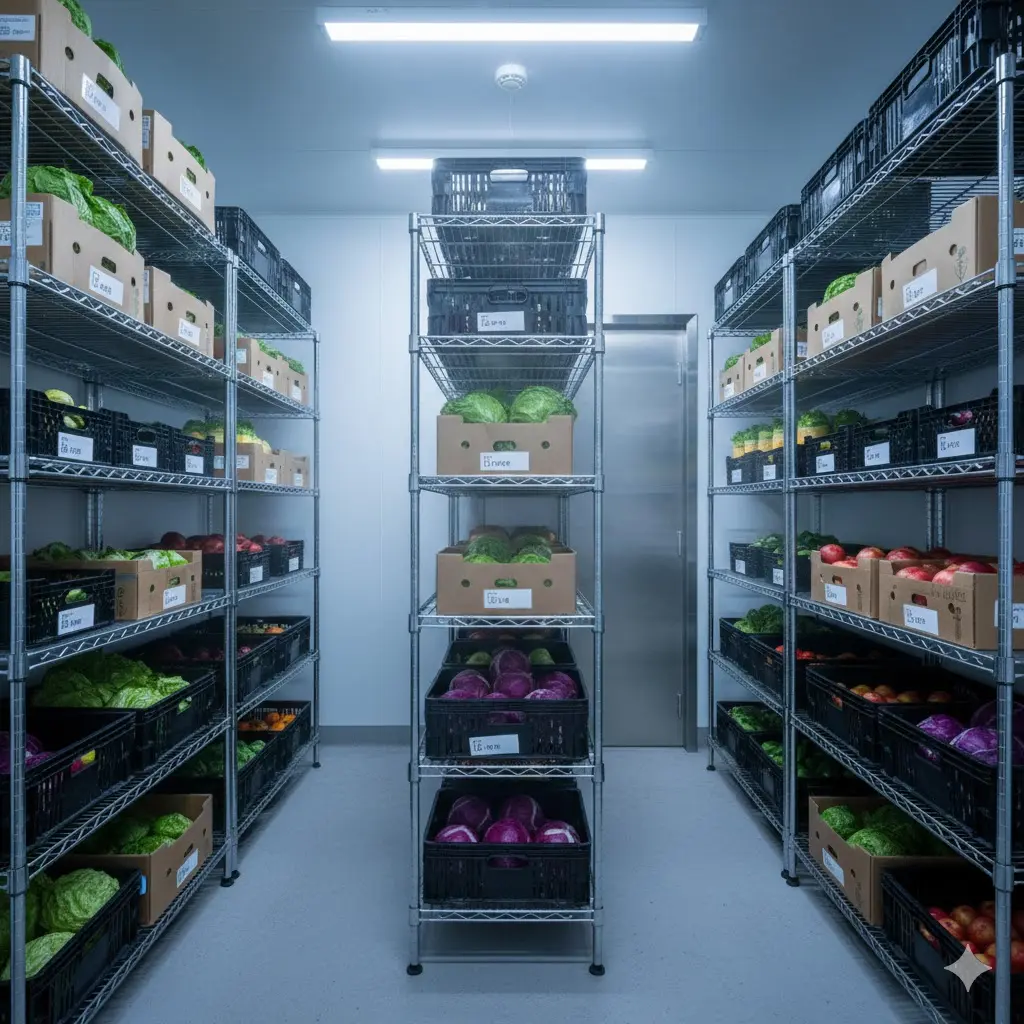 선입선출이 용이하도록 깔끔하게 정리된 워크인쿨러 내부 선반 배치