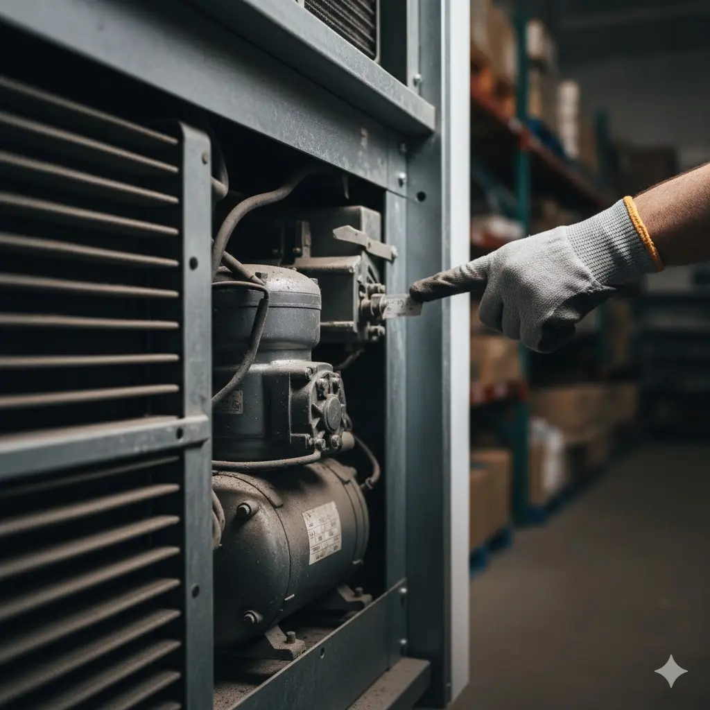 중고 마트 냉장고 구매 전 부품의 연식과 상태를 꼼꼼히 점검하는 모습