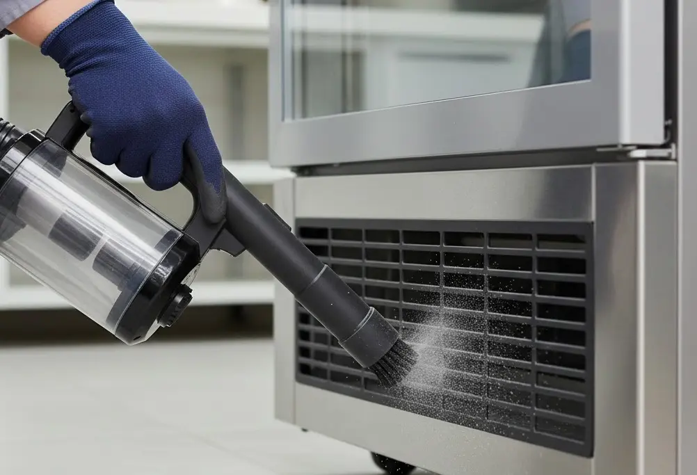 냉장고 고장을 막기 위해 하단 필터의 먼지를 청소기로 제거하는 관리법