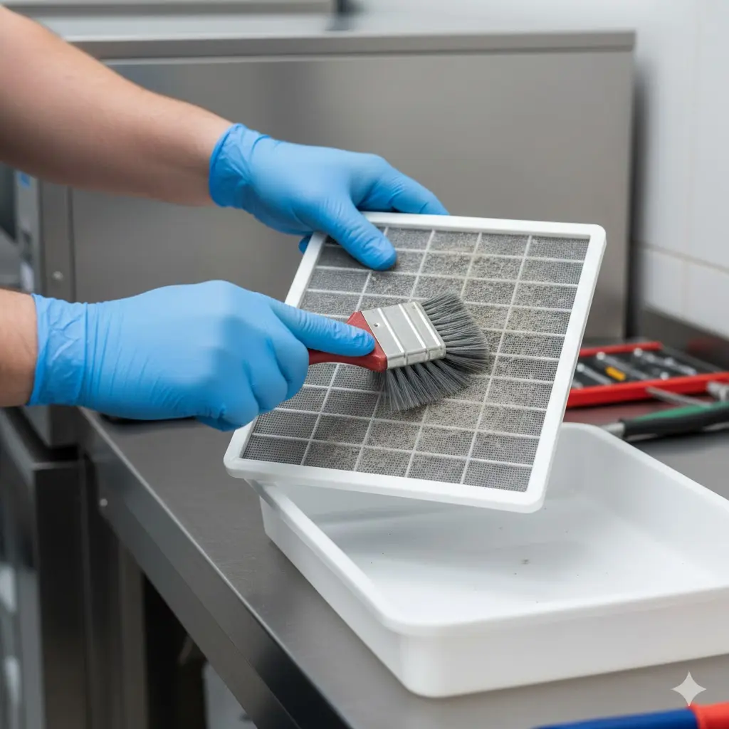 쇼케이스 고장을 예방하기 위해 주기적으로 먼지 필터를 청소하는 모습