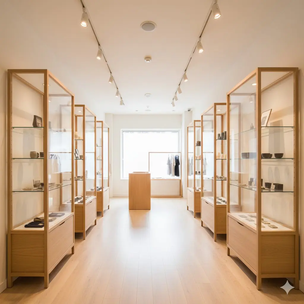 좁은 매장을 넓어 보이게 만드는 슬림 프레임 우드 쇼케이스 배치 사례