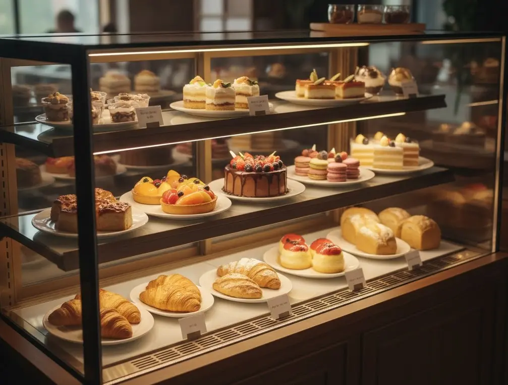 손님의 시선을 사로잡는 우드 쇼케이스 내부의 전략적인 상품 진열 모습