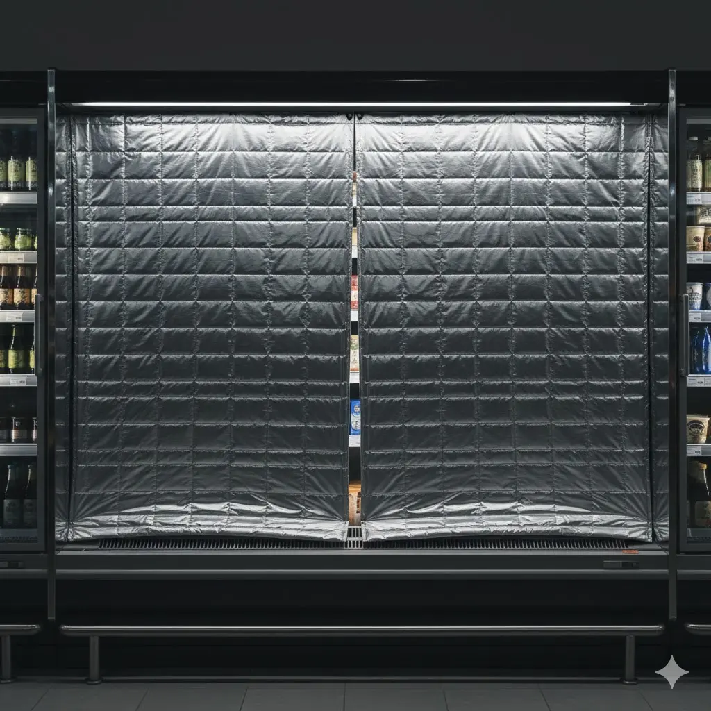 야간 전기 요금 절감을 위해 쇼케이스에 나이트 커버를 내려둔 모습