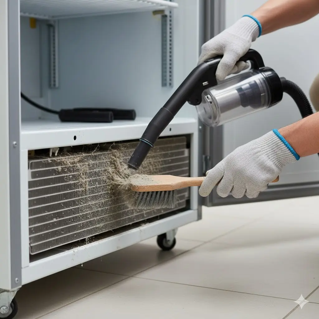 기계 효율을 높이기 위해 쇼케이스 하단 먼지를 제거하는 관리 모습