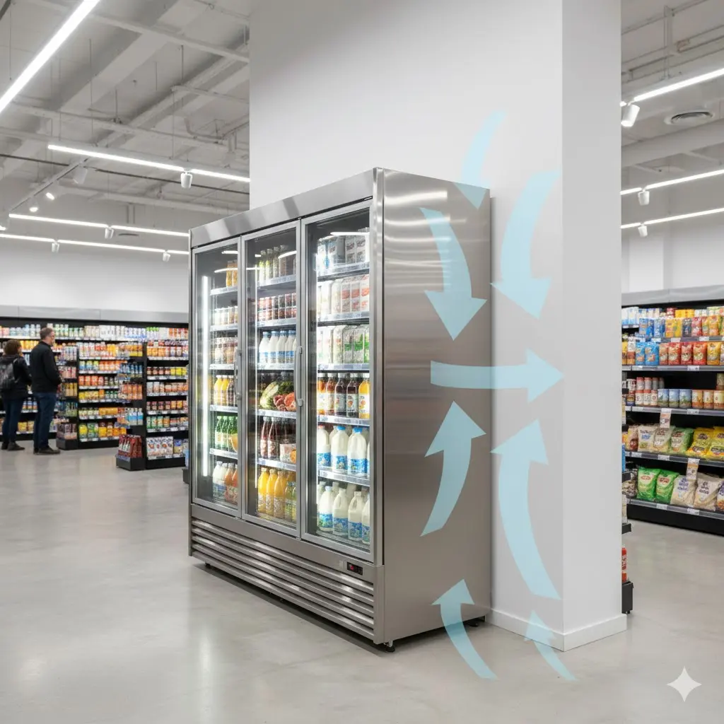 원활한 열 배출을 위해 벽면과 간격을 두고 설치된 쇼케이스 배치