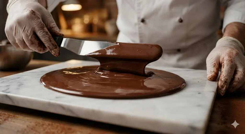 대리석 위에서 초콜릿 템퍼링 작업을 하는 전문가의 손길