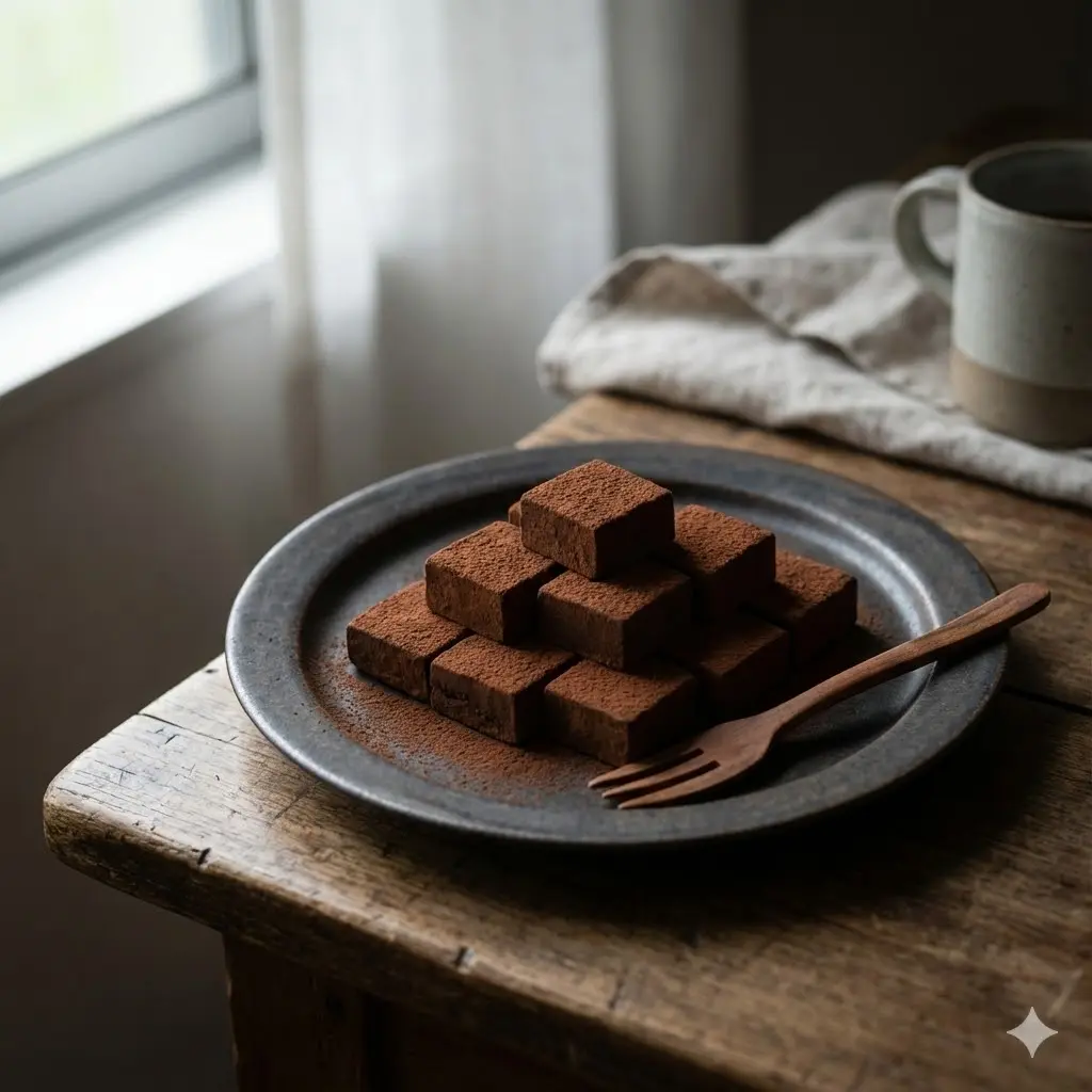 코코아 파우더가 뿌려진 부드러운 생초콜릿(파베 초콜릿)