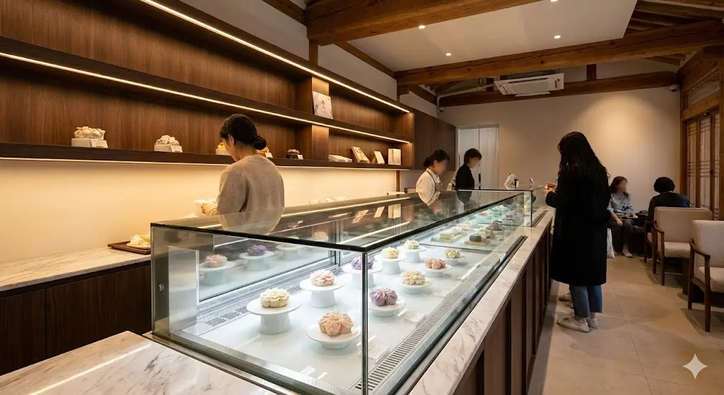 다양한 떡케이크가 진열된 고급스러운 매장 전용 쇼케이스