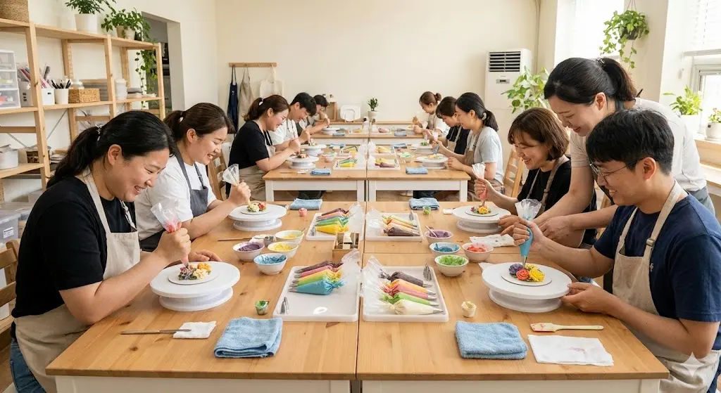 떡케이크 만들기 클래스가 진행 중인 밝은 스튜디오 전경