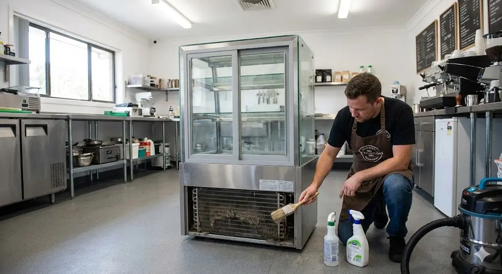 쇼케이스 응축기 필터를 청소하며 관리하는 매장 운영자