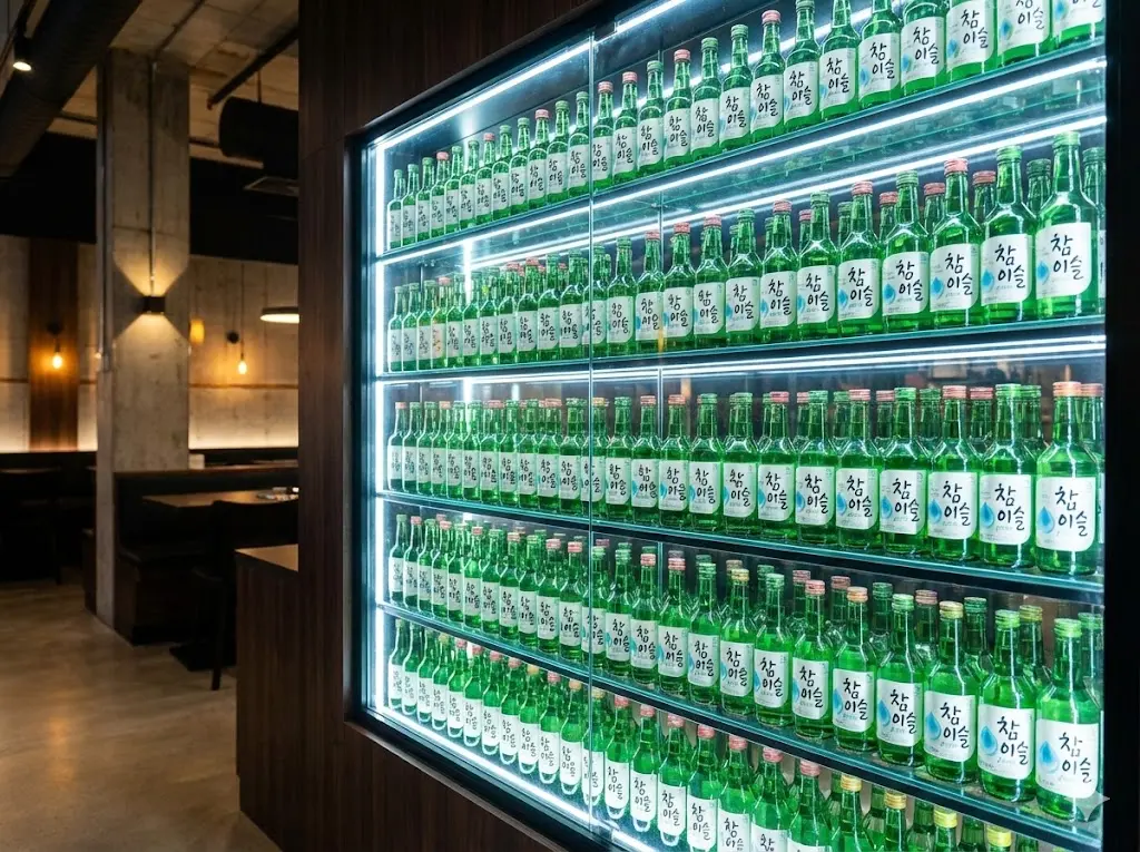 소주가 가득 찬 깔끔한 영업용 쇼케이스 전경