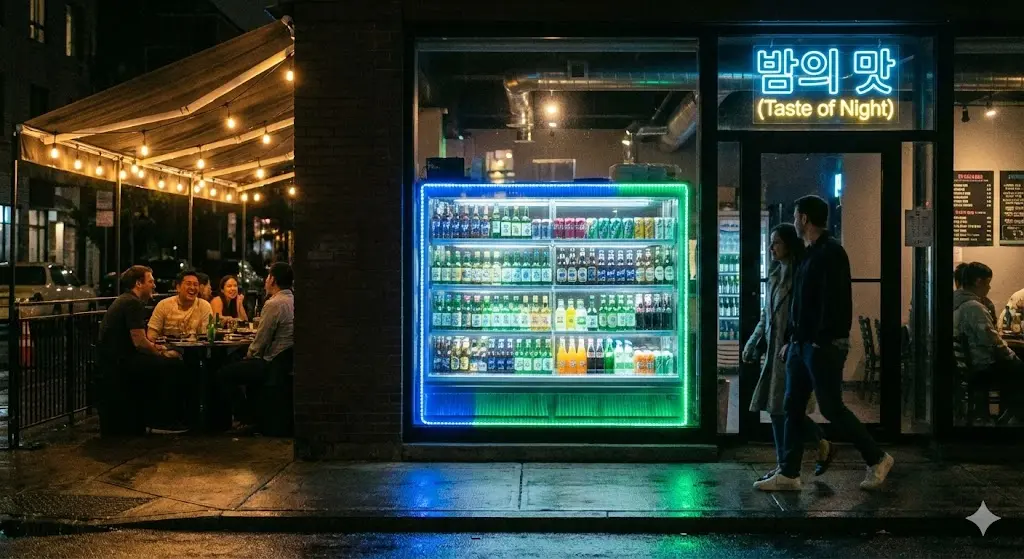 외부에서 보이는 시원한 야경 속 주류 쇼케이스 전시 효과