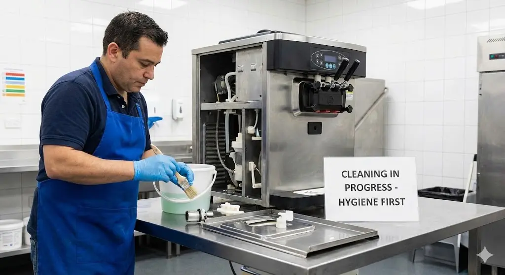 아이스크림 기계를 정성스럽게 세척하는 사장님의 모습