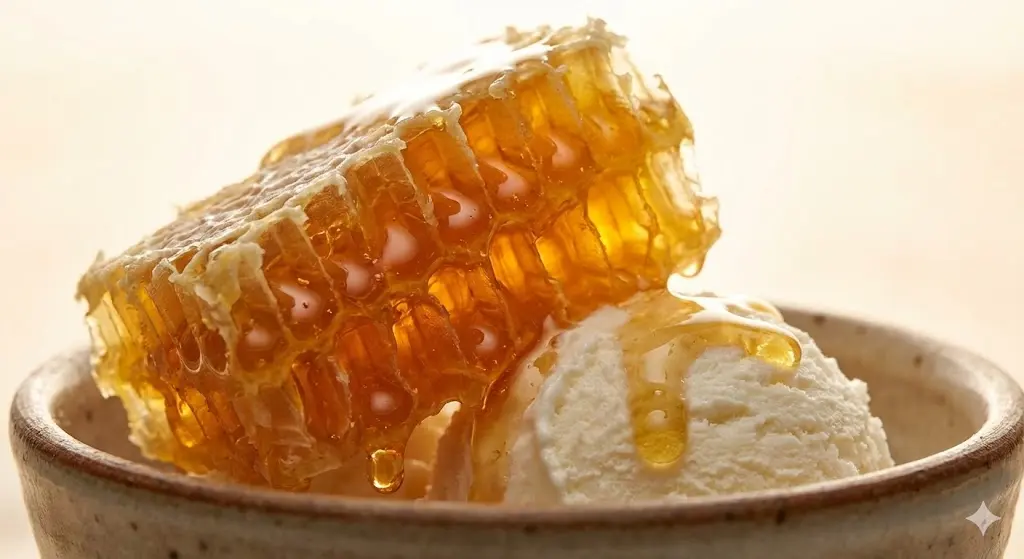 요거트 아이스크림 위의 황금빛 벌집꿀 디테일