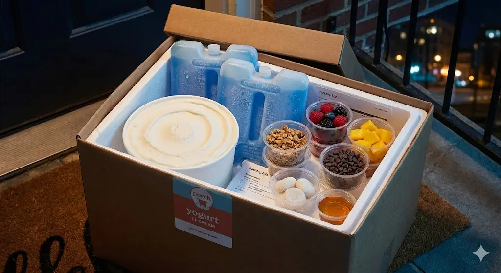 배달을 위해 꼼꼼하게 포장된 요거트 아이스크림 세트