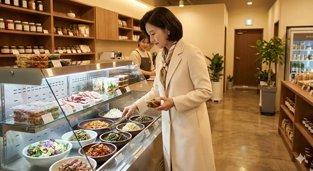 쇼케이스에서 반찬을 고르는 고객의 모습