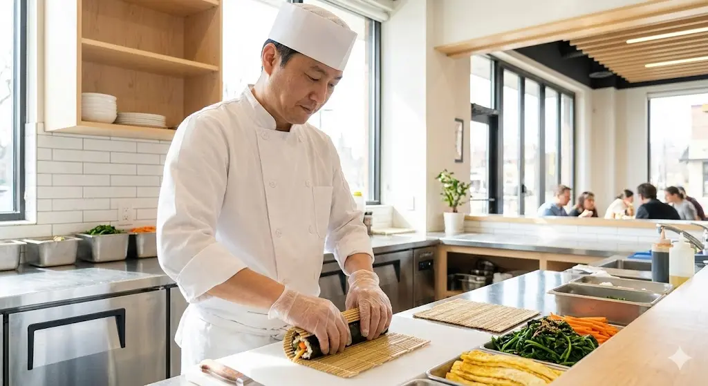 오픈 주방에서 김밥을 만드는 청결한 셰프의 모습