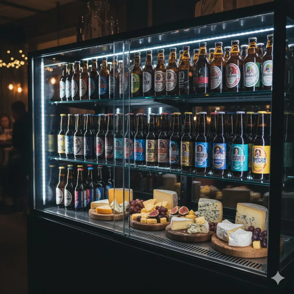 주류와 안주가 정갈하게 담긴 저녁 시간의 쇼케이스