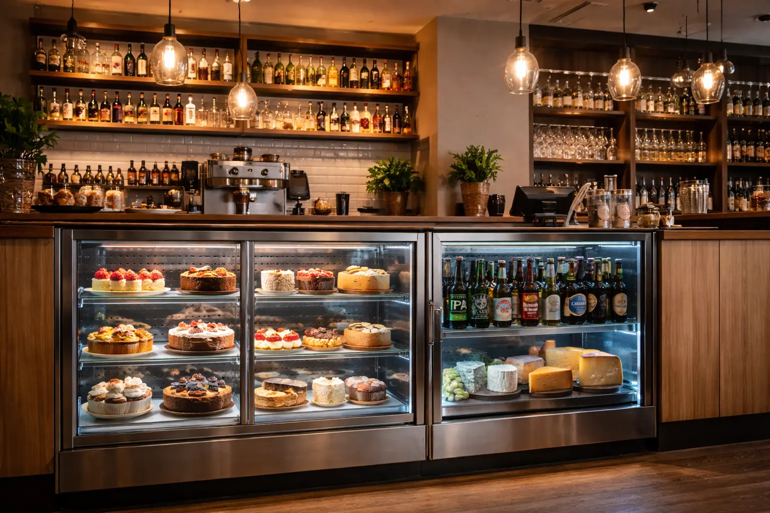 디저트와 주류가 함께 진열된 복합형 쇼케이스 전경