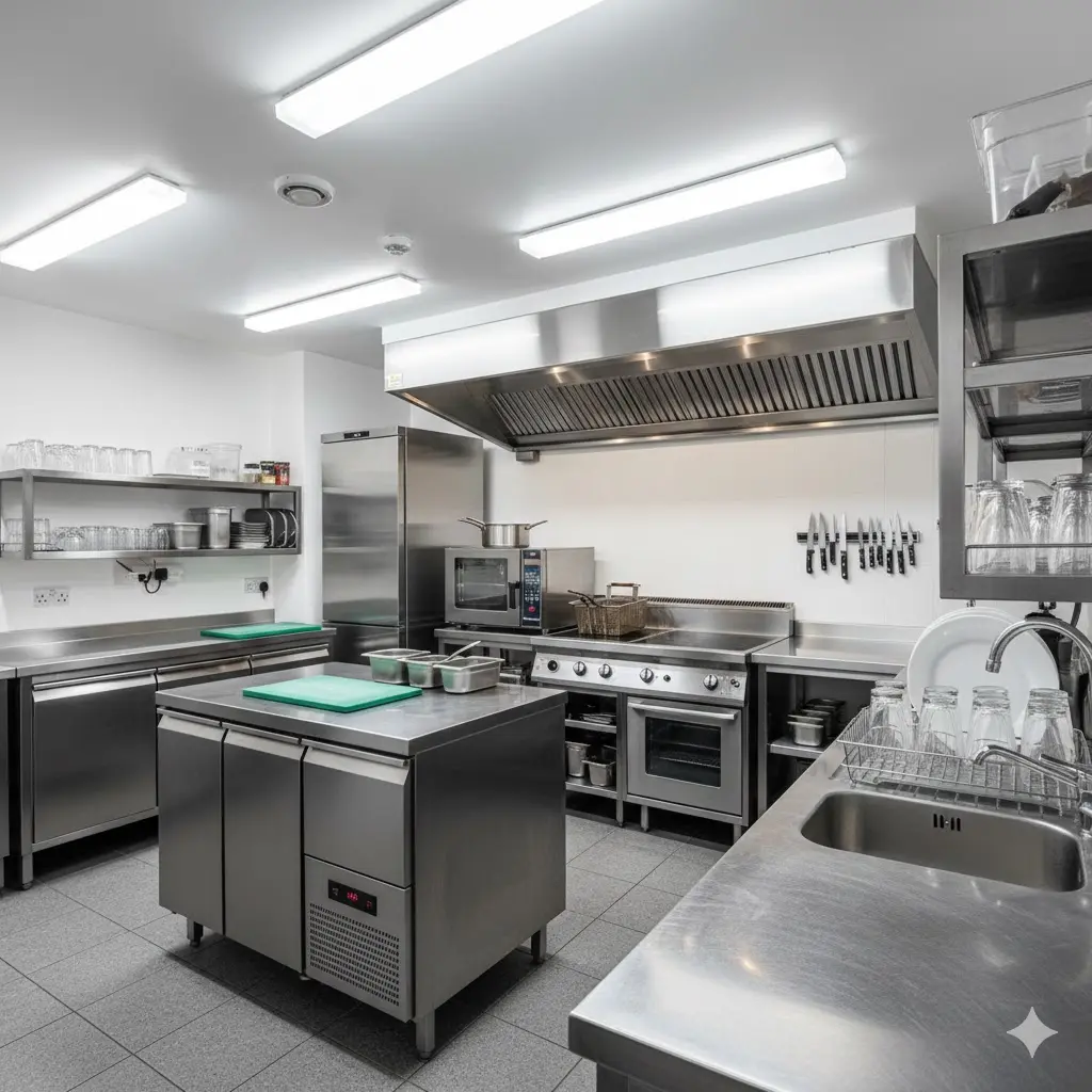 인건비 절감을 위해 효율적으로 설계된 생맥주 호프집의 콤팩트한 주방 내부