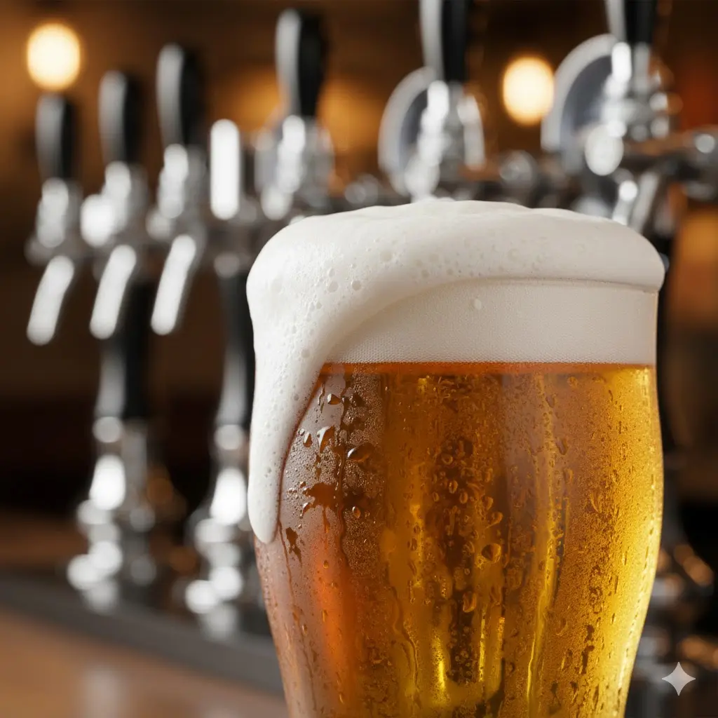 전용 냉동 쇼케이스에서 갓 꺼낸 차가운 잔에 담긴 신선한 생맥주
