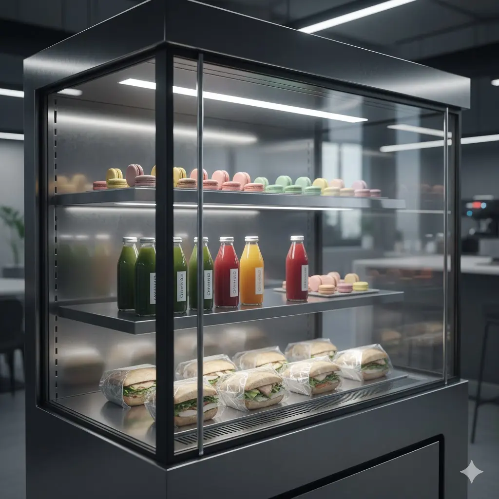 무인카페 내부에 설치된 마카롱과 음료가 가득한 세련된 냉장 쇼케이스