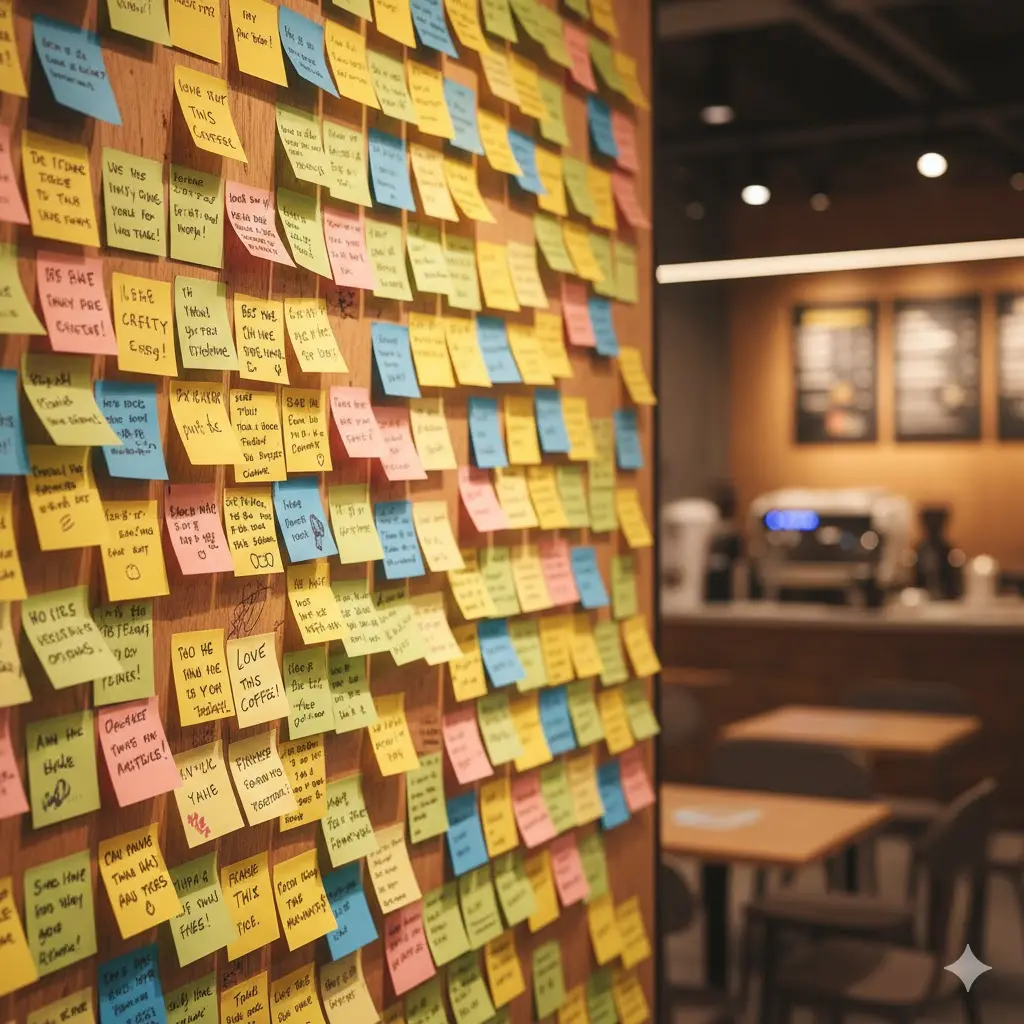 고객들의 의견과 감사 인사가 적힌 포스트잇이 가득 붙은 카페 벽면