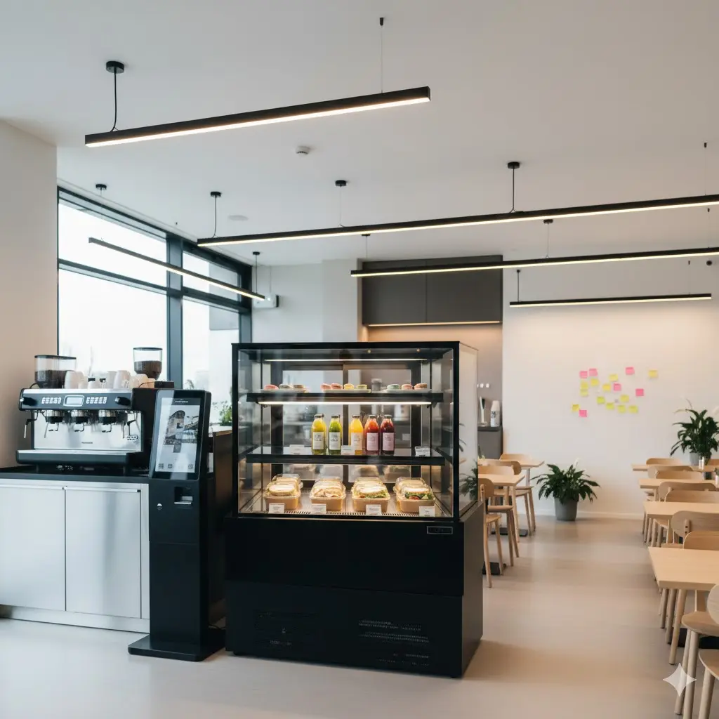 커피 머신과 쇼케이스, 좌석이 조화롭게 배치된 무인카페 내부 전경