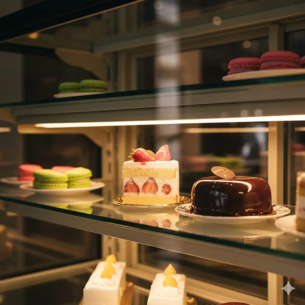 각 선반 아래 LED 조명이 설치되어 디저트를 밝게 비추는 모습