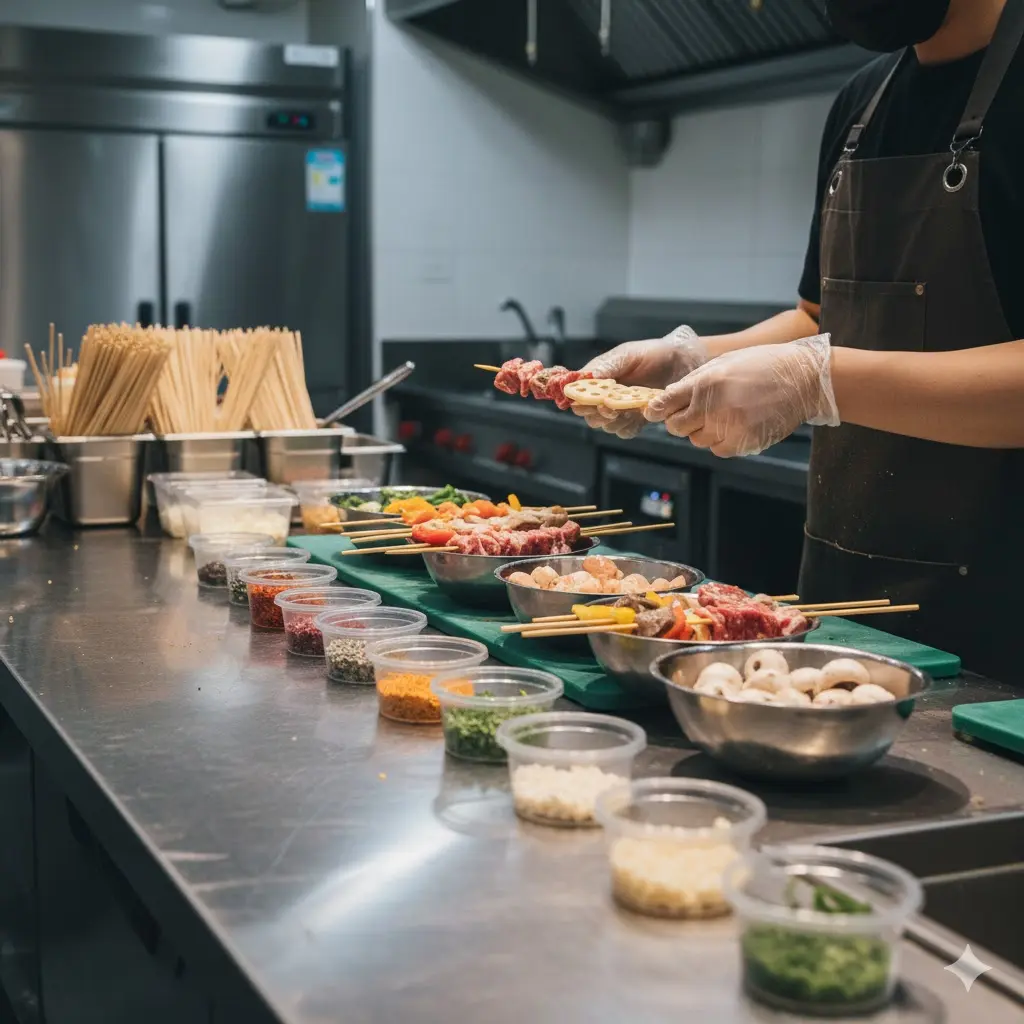 주방에서 위생적으로 재료를 꼬치에 꽂아 준비하는 정돈된 모습