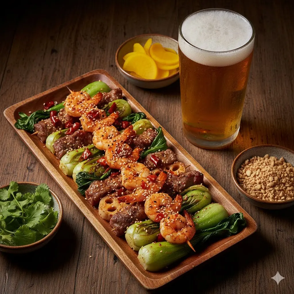 시원한 맥주와 함께 차려진 먹음직스러운 마라꼬치 세트 한 상