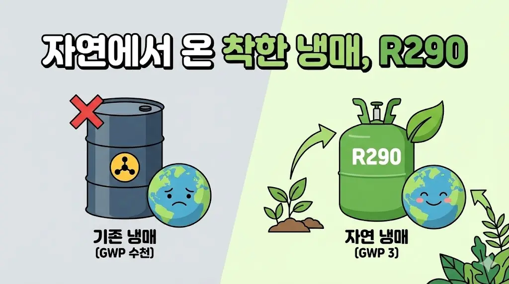 자연에서 유래한 친환경 냉매 R290과 기존 냉매의 GWP 비교 인포그래픽
