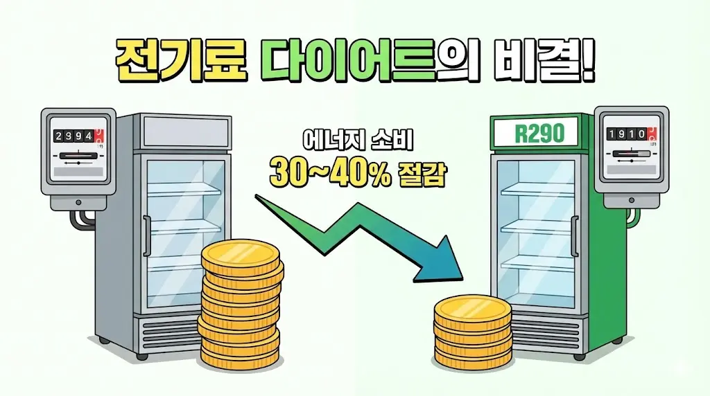 R290 쇼케이스의 30~40% 에너지 절감 효과를 보여주는 전기요금 비교 이미지