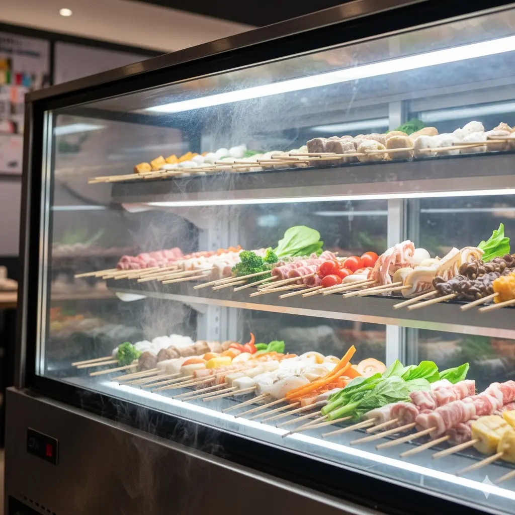 미스트가 분사되어 신선함이 강조된 마라꼬치 전용 냉장 쇼케이스 내부