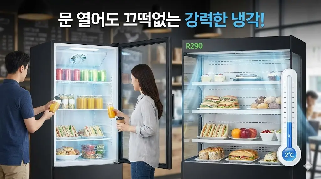 문이 열려도 강력한 냉각으로 내부 온도를 유지하는 R290 쇼케이스 모습