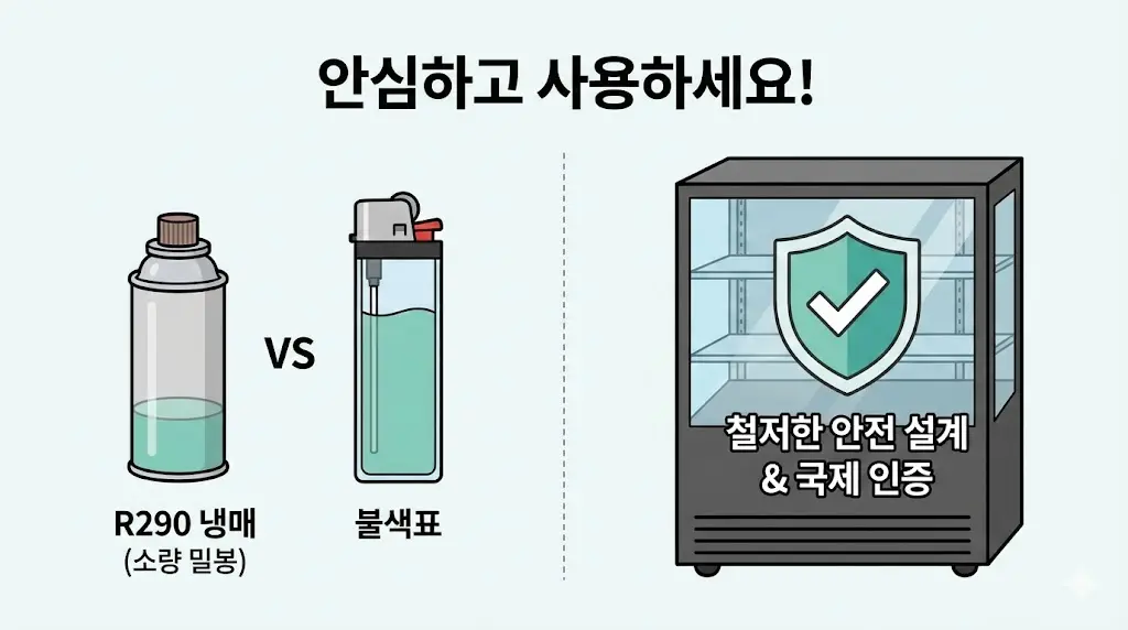 소량 밀봉 사용과 안전 설계로 폭발 위험이 없는 R290 냉매 안전성 설명 이미지
