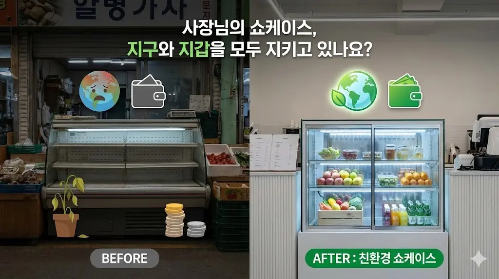 친환경 쇼케이스 교체 전후 환경 및 비용 절감 효과 비교 인포그래픽