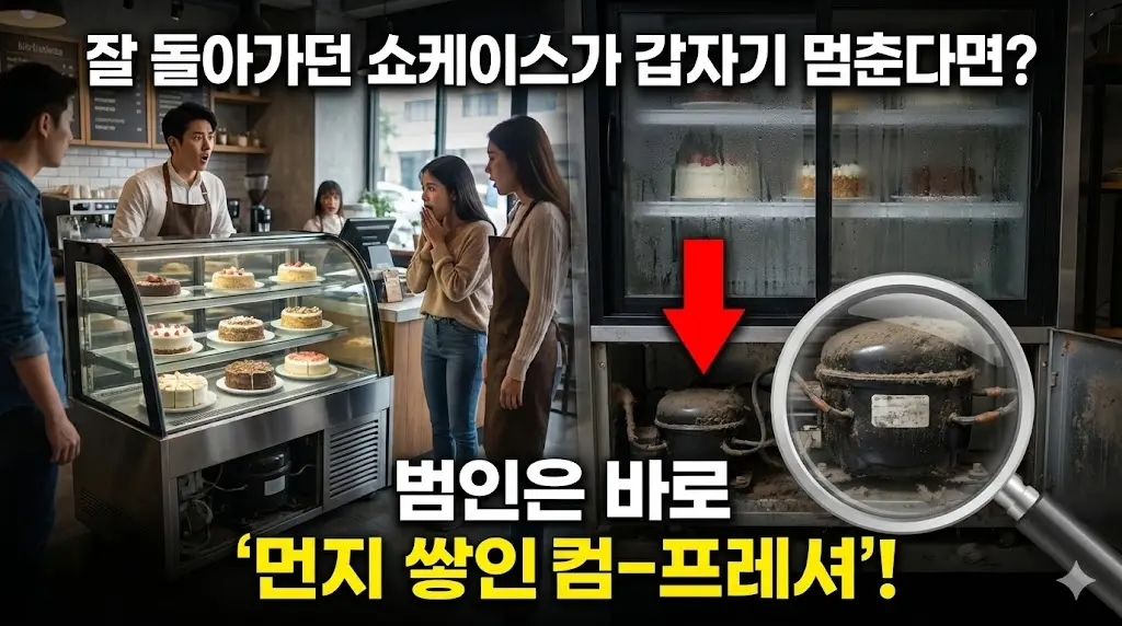 갑작스러운 쇼케이스 고장 원인인 먼지 쌓인 컴프레셔와 당황한 인물 이미지