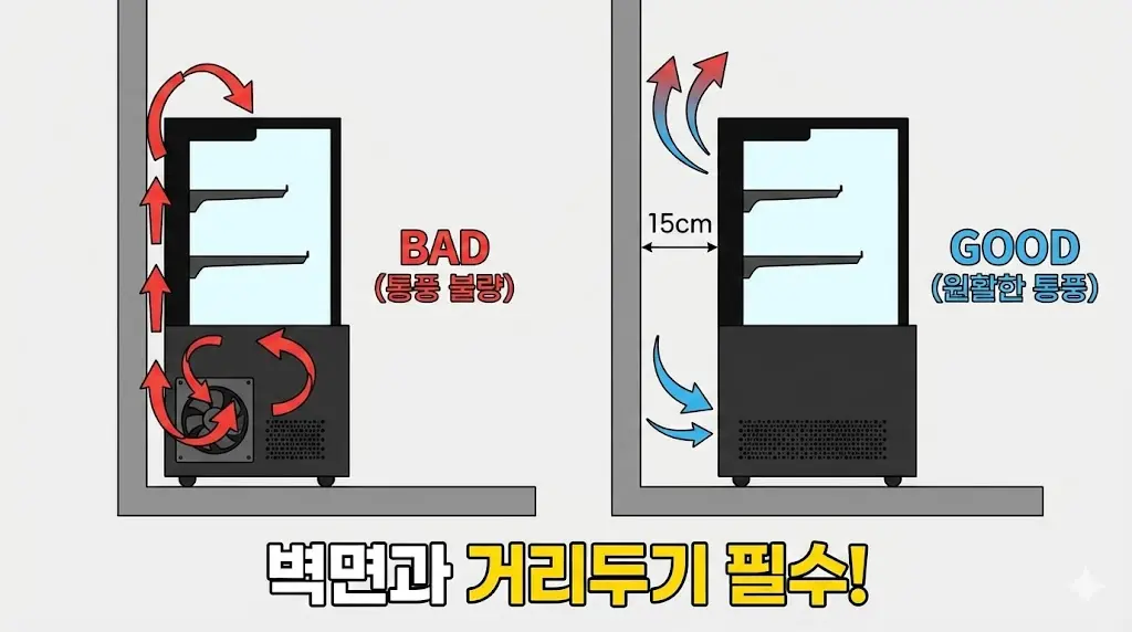 쇼케이스 벽면 밀착 시 통풍 불량과 적정 거리 유지 시 원활한 통풍 비교 다이어그램