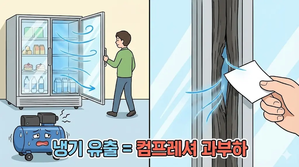 잦은 쇼케이스 문 개폐와 낡은 패킹으로 인한 냉기 유출 및 컴프레셔 과부하 일러스트