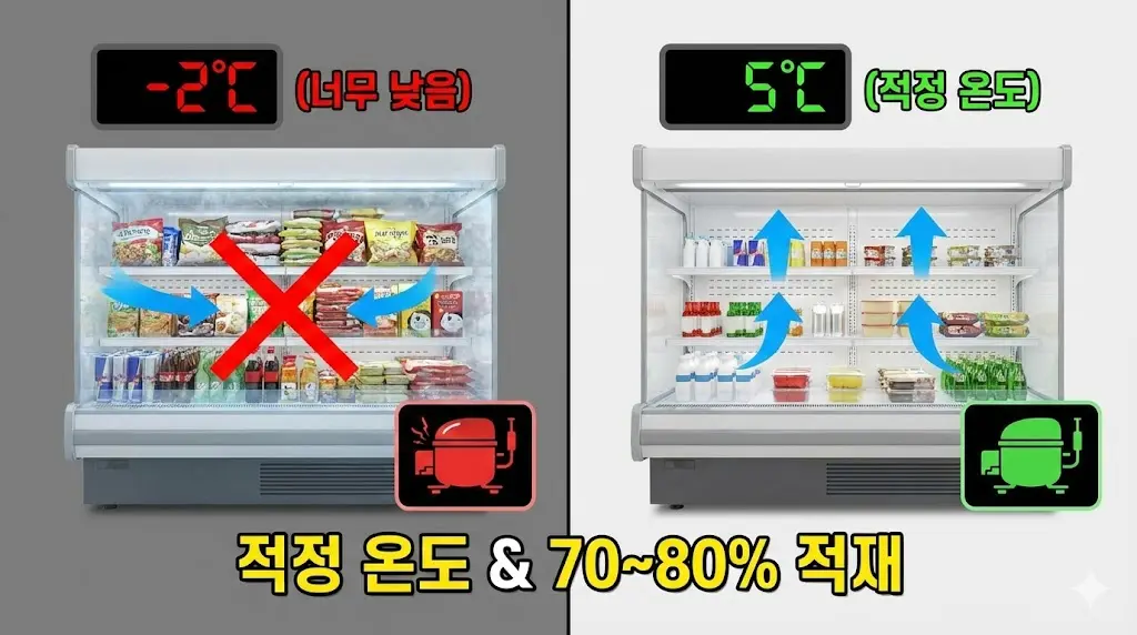 쇼케이스 적정 온도 설정 및 70~80% 적재량 유지를 통한 컴프레셔 부하 감소 비교 이미지