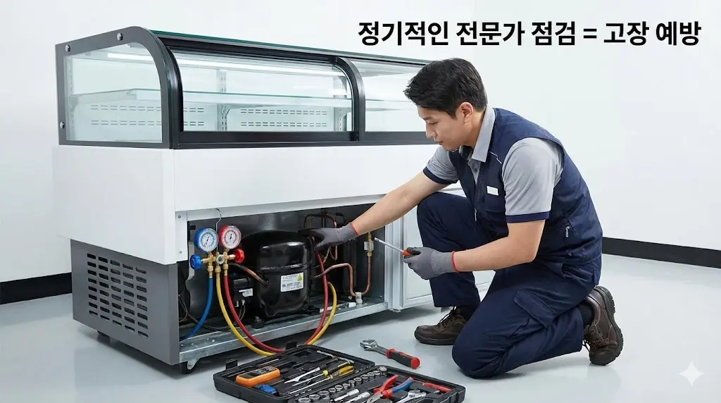 전문 기사가 쇼케이스 기계실의 컴프레셔와 냉매 압력을 점검하는 모습