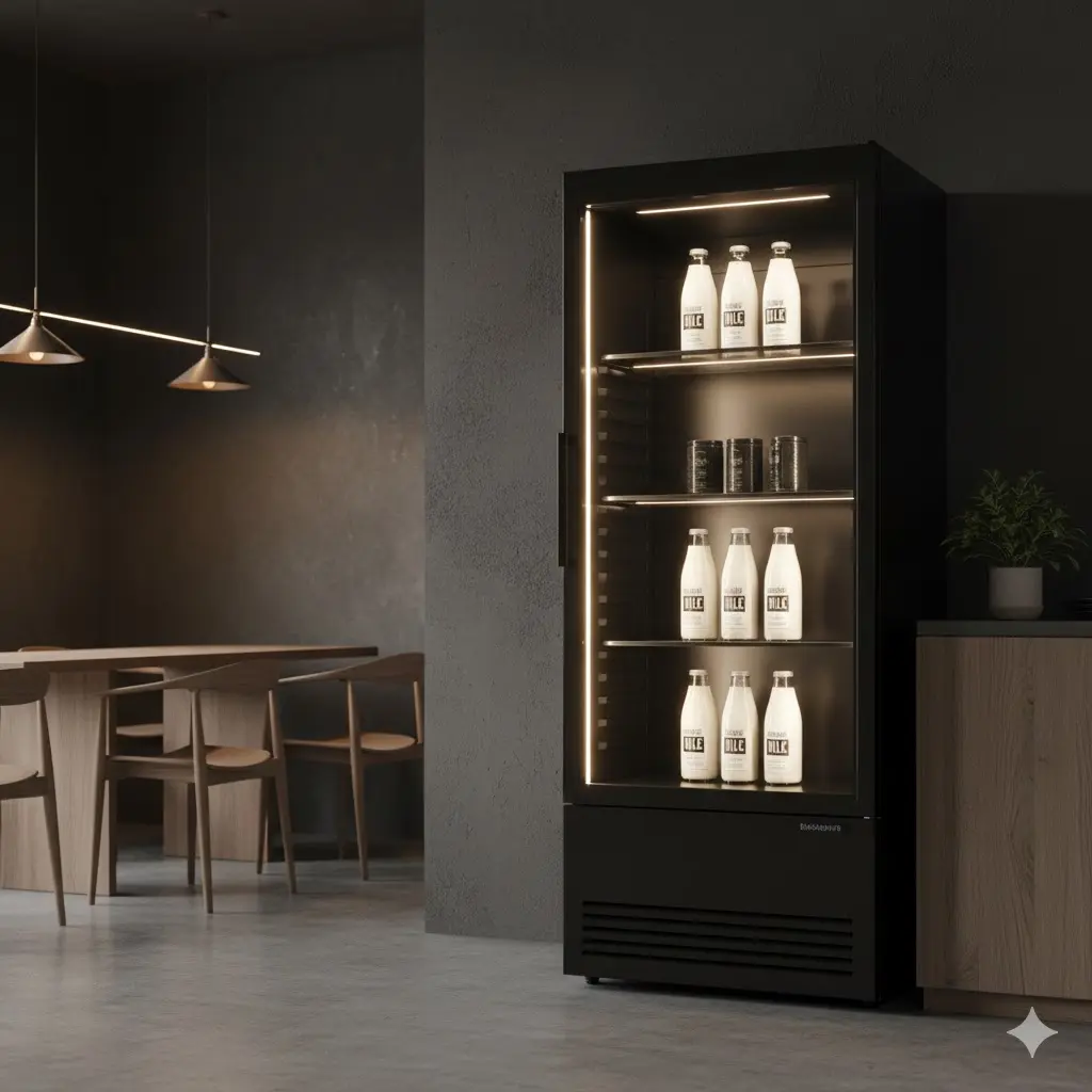 미니멀한 카페 인테리어와 조화를 이루는 프리미엄 블랙 우유냉장고
