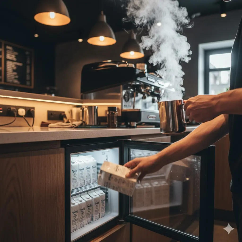 스팀 피처를 들고 우유냉장고에서 우유를 꺼내는 바리스타의 손