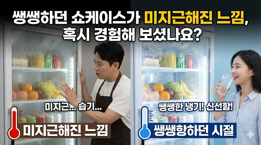 미지근해진 쇼케이스 냉기를 확인하며 당황하는 매장 점주의 모습