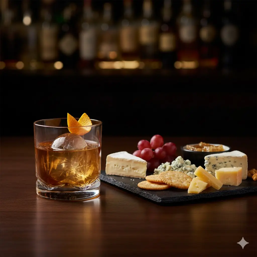 클래식 칵테일과 함께 제공되는 고급스러운 치즈 플레이트