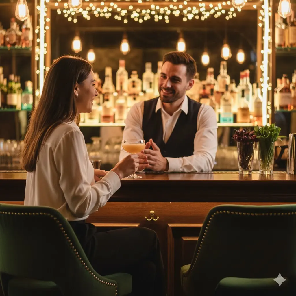 바 카운터에서 바텐더와 즐겁게 대화하는 단골 고객