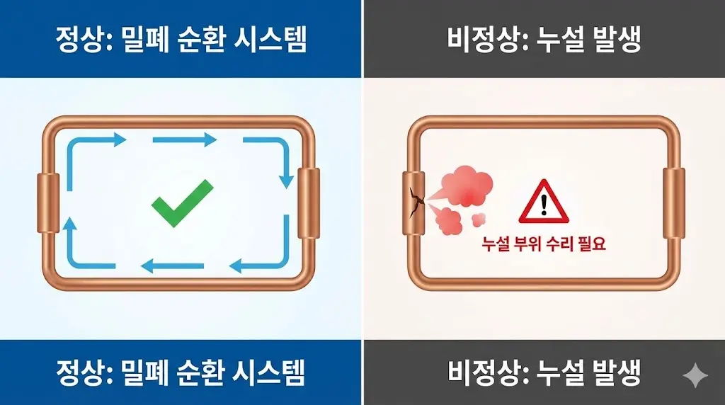 정상적인 밀폐 순환 냉매 시스템과 누설이 발생한 비정상 시스템 비교 인포그래픽