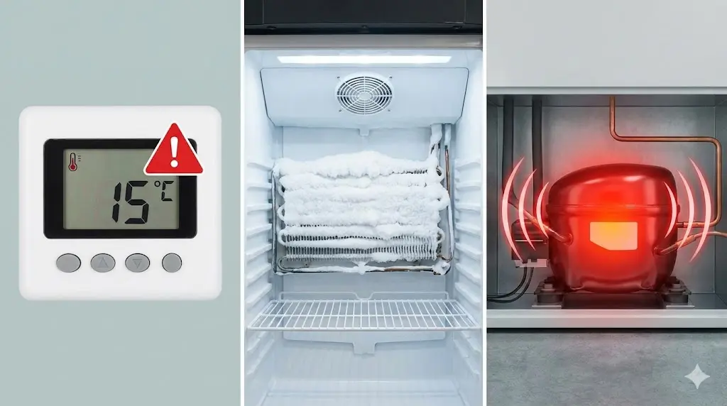 냉매가스 부족 시 나타나는 냉각 저하, 증발기 성에, 컴프레서 과열 증상 이미지